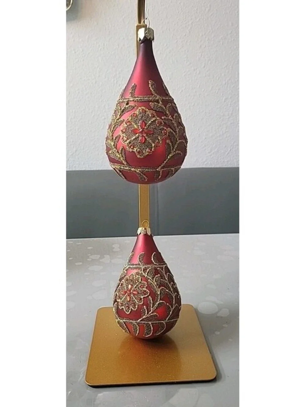 Vintage Set Mercury Glass Finial Red Gold Rhinestones Christmas Ornament 5.5